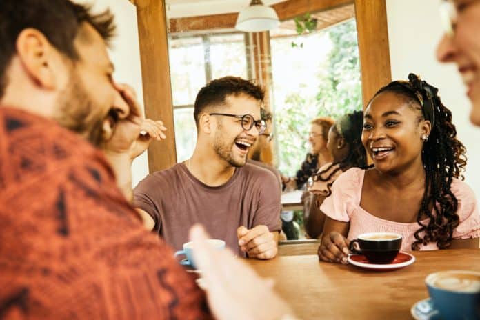 woman friendship fun couple love cafe smiling lifestyle happy drink man romantic cheerful laughing