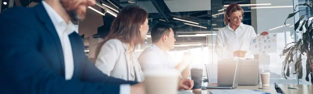 mature confident businesswoman addressing colleagues at a meeting in modern office
