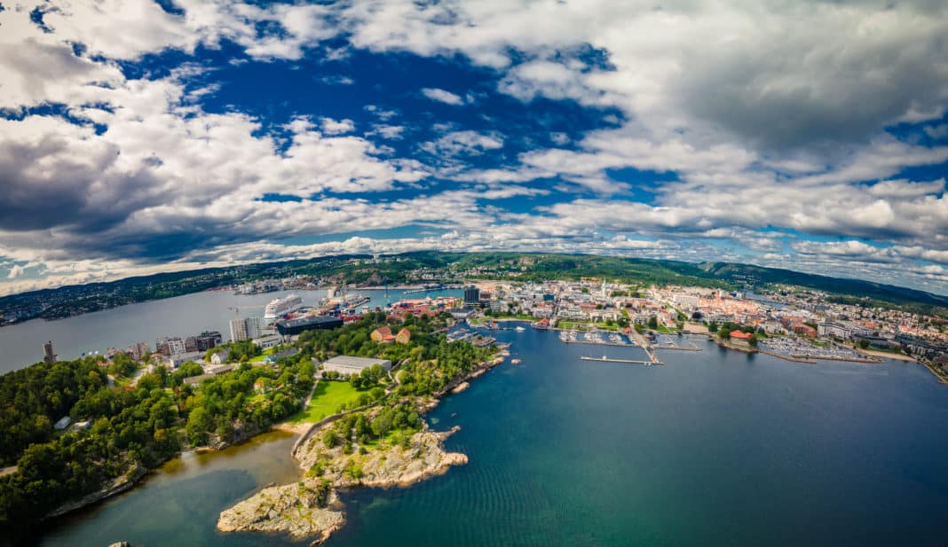 Drone view of Kristiansand and Kvadraturen from Oderoya, Norway