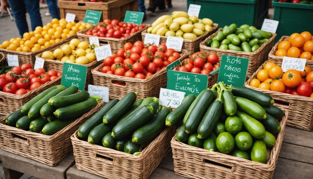 Étal de marché avec fruits et légumes frais de saison illustrant le coût de l’alimentation saine