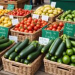 Étal de marché avec fruits et légumes frais de saison illustrant le coût de l’alimentation saine