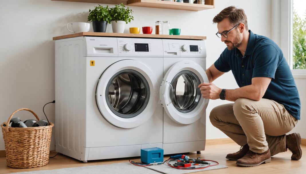 Technicien réparant un lave-linge, droit à la réparation de l'électroménager