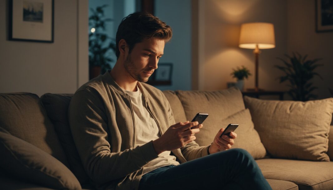 Personne faisant defiler un smartphone le soir