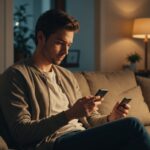 Personne faisant defiler un smartphone le soir