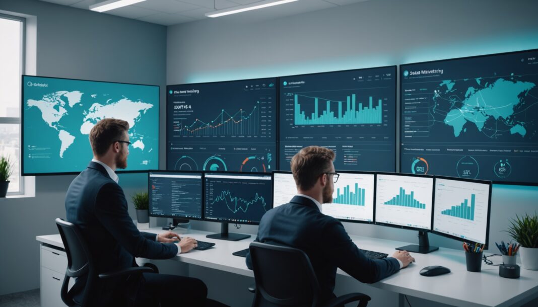 Deux professionnels analysent des tableaux de bord SEO