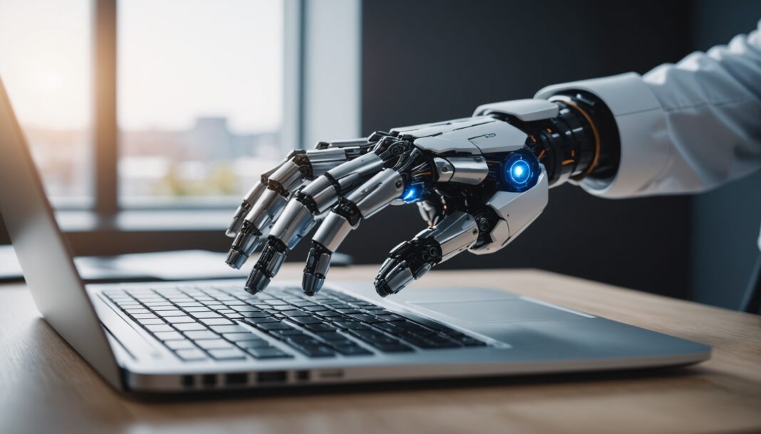 Main humaine et main robotique tapant ensemble sur un clavier d'ordinateur portable