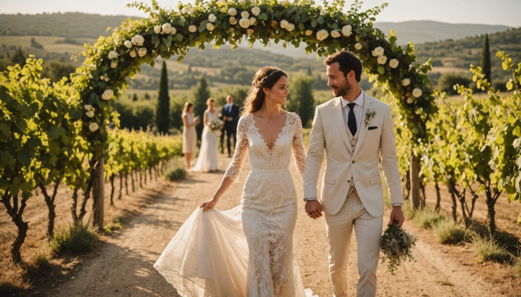 Couple de mariés dans un vignoble provençal ensoleillé