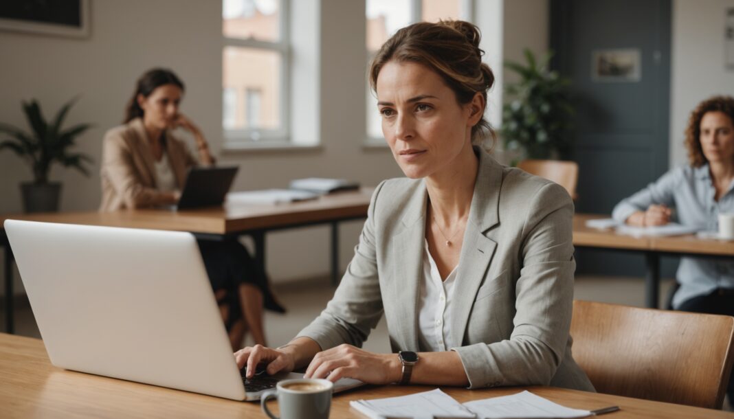 Une salariee reflechit devant son laptop, ambiance bureau apaisee