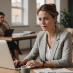 Une salariee reflechit devant son laptop, ambiance bureau apaisee