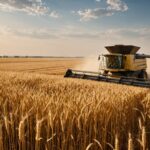 Champ de blé doré et moissonneuse pendant la moisson 2026 en France