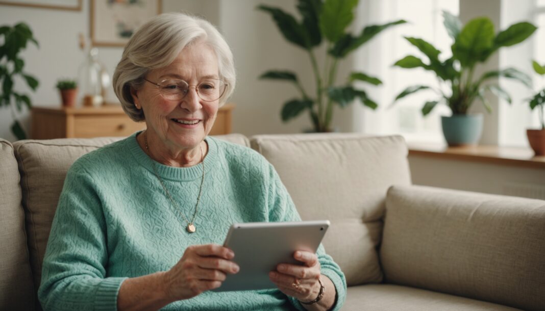 Senior utilisant une tablette à domicile, illustration de la silver économie