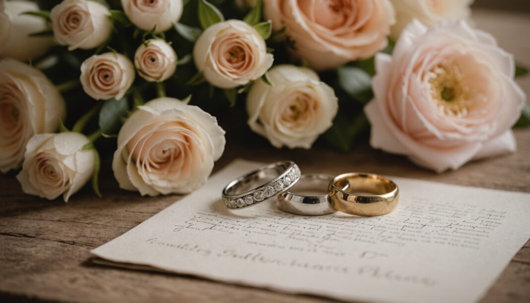 Alliances et bouquet de fleurs sur une table évoquant un mariage en France