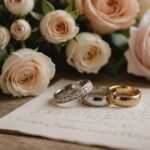 Alliances et bouquet de fleurs sur une table évoquant un mariage en France