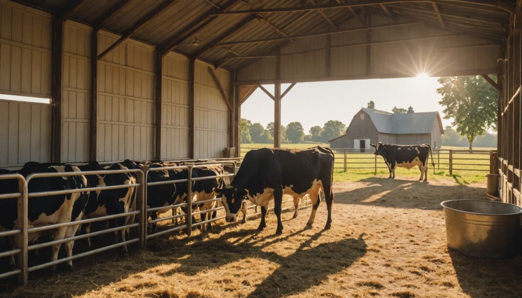 Vaches à l'ombre dans un bâtiment d'élevage ventilé pendant une canicule en France