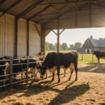 Vaches à l'ombre dans un bâtiment d'élevage ventilé pendant une canicule en France