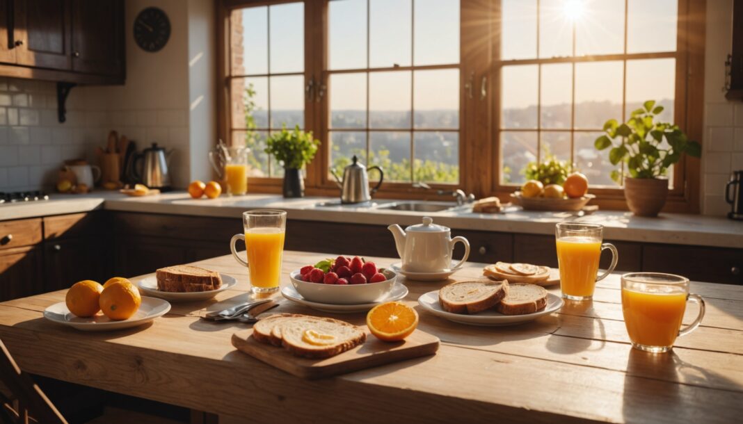 Table de petit-déjeuner sain avec fruits, pain complet et café au lever du soleil