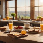 Table de petit-déjeuner sain avec fruits, pain complet et café au lever du soleil