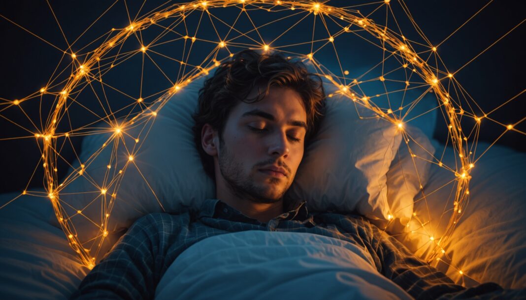 Illustration conceptuelle d'un réseau de liens entre écrans, stress et sommeil chez un jeune adulte