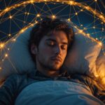 Illustration conceptuelle d'un réseau de liens entre écrans, stress et sommeil chez un jeune adulte
