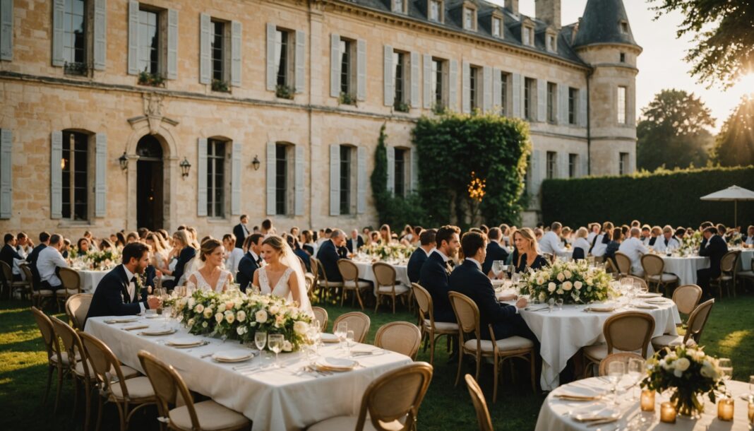 Réception de mariage élégante dans un château français à l'heure dorée