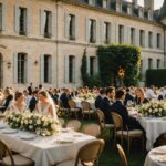 Réception de mariage élégante dans un château français à l'heure dorée
