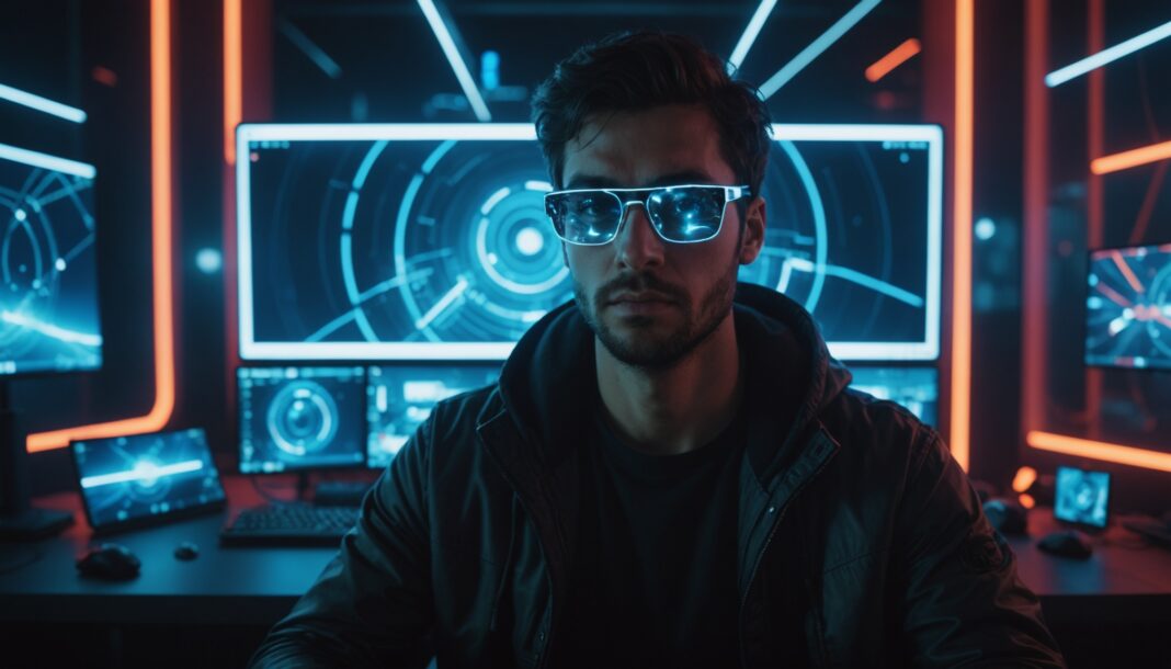 Joueur devant un écran d'ordinateur avec des visuels de jeu vidéo générés par IA