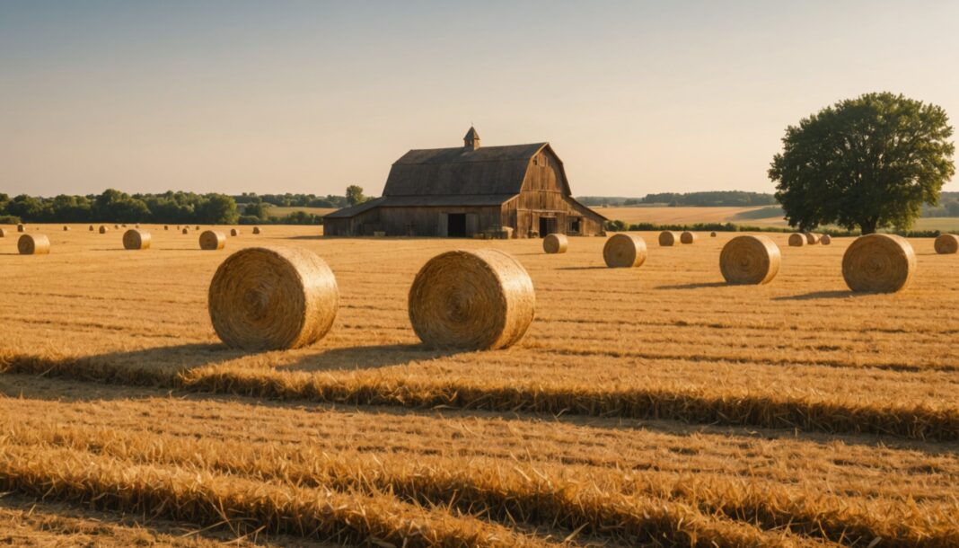 Champ agricole asséché avec bottes de foin illustrant la pénurie de fourrage due à la sécheresse