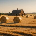 Champ agricole asséché avec bottes de foin illustrant la pénurie de fourrage due à la sécheresse