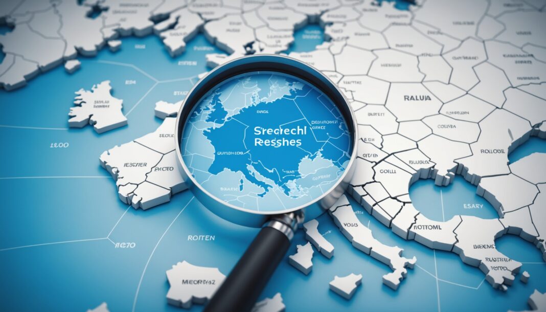 Illustration d'un classement de résultats de recherche sur une carte de l'Europe symbolisant le SEO