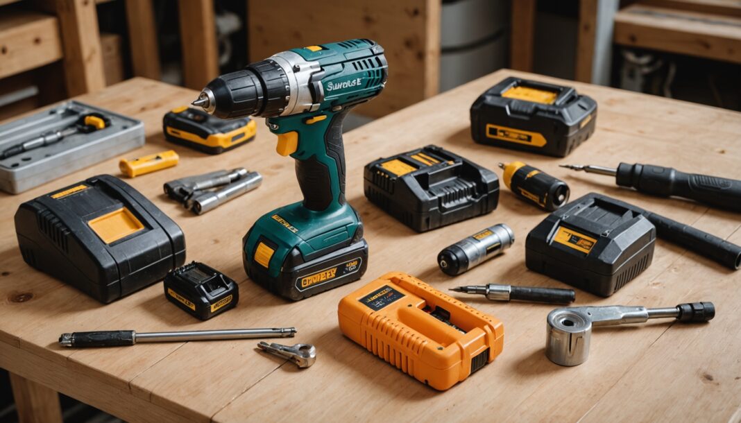 Perceuse sans fil et outils à main sur un établi en bois