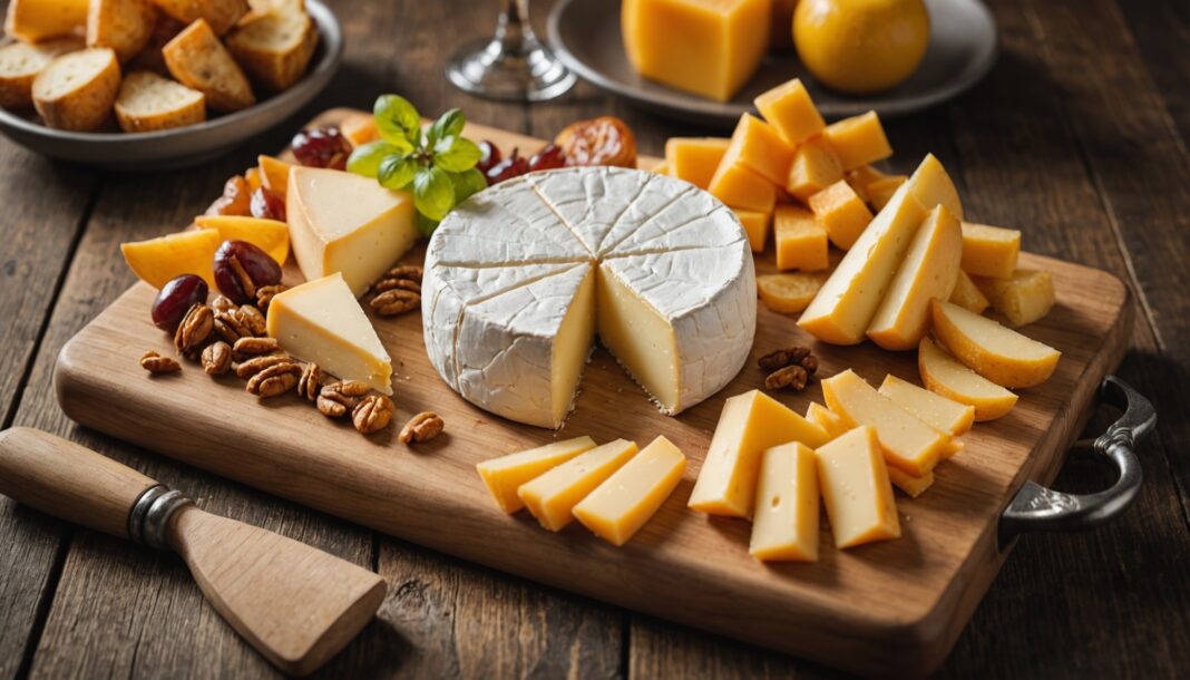 Plateau de fromages affinés cheddar brie gouda sur une planche en bois