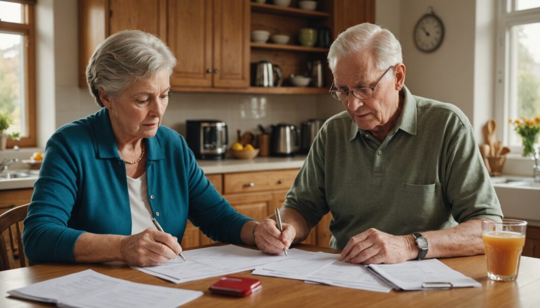 Couple de seniors examinant leurs factures et leur budget à table, pouvoir d'achat des retraités
