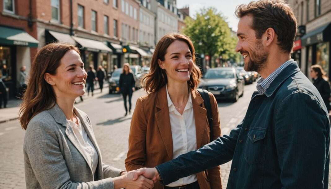 Deux inconnus échangeant un sourire et un salut amical dans la rue