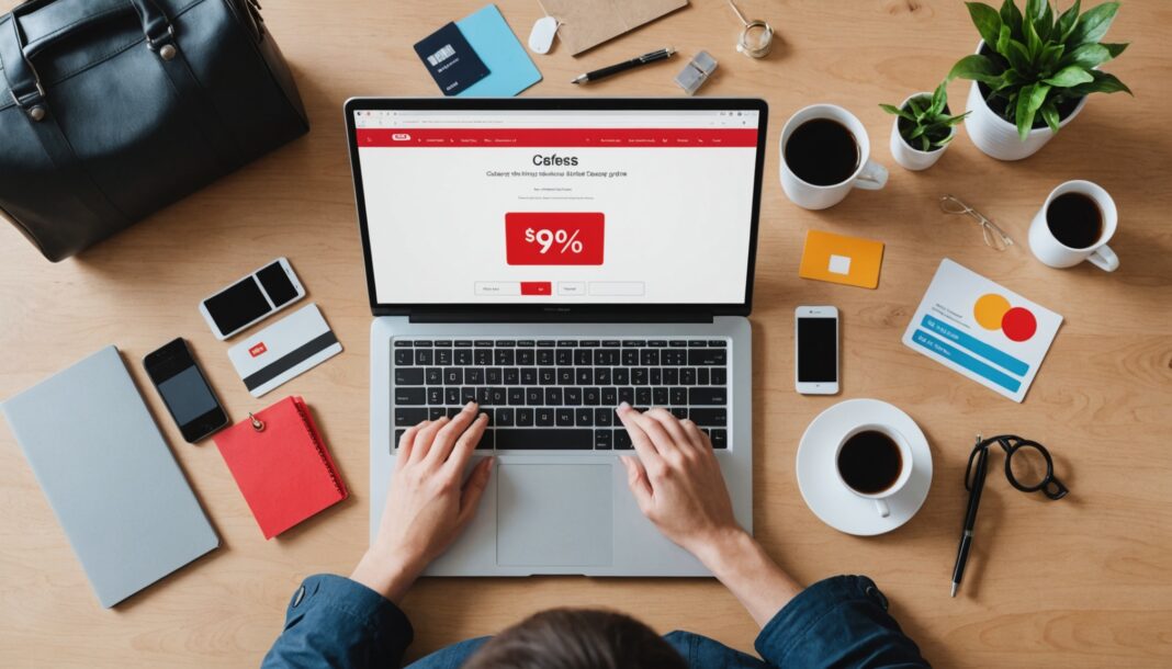 Shopping en ligne avec étiquette de réduction et carte de paiement