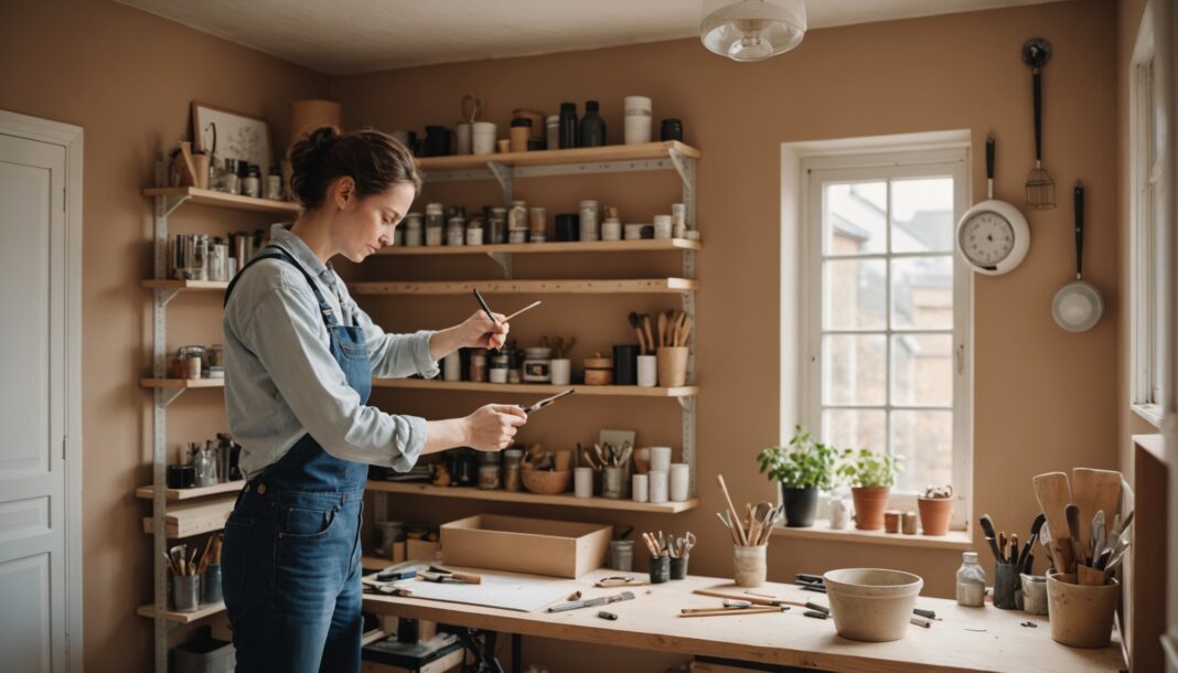 Personne réalisant de petits travaux de bricolage à la maison, peinture et étagères