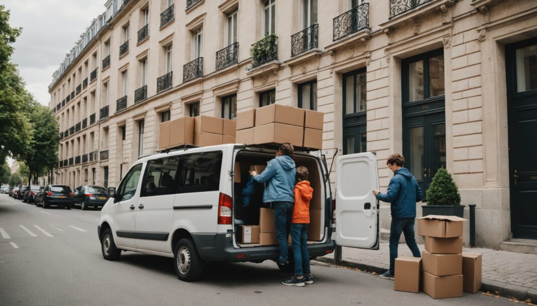 Famille chargeant des cartons de déménagement dans une camionnette devant un immeuble