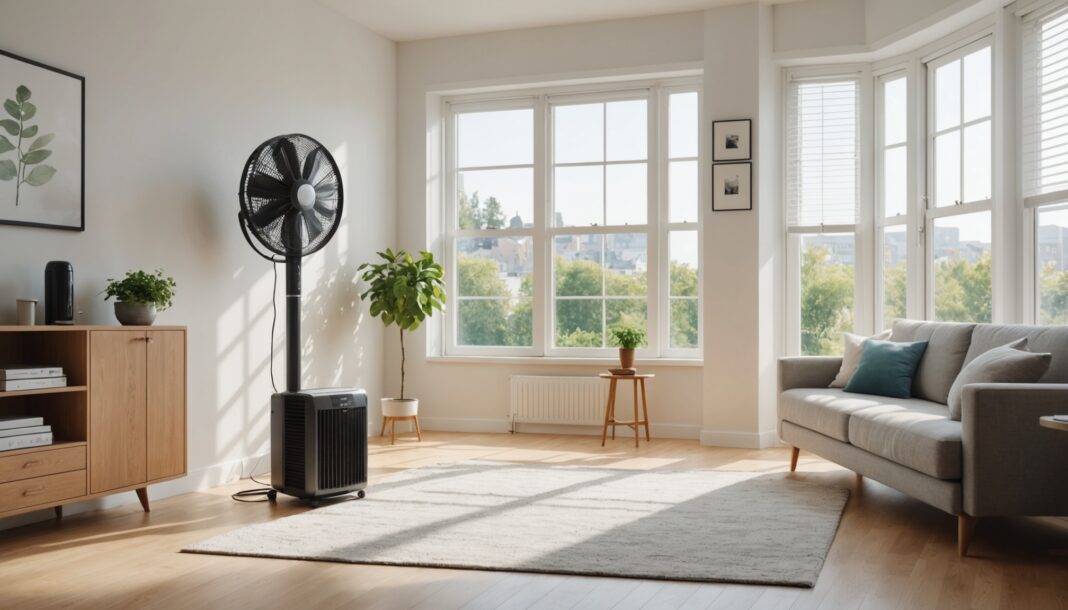 Ventilateur et climatiseur mobile utilisés à la maison pendant une canicule