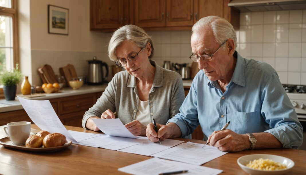 Couple de retraités consultant des documents financiers à table