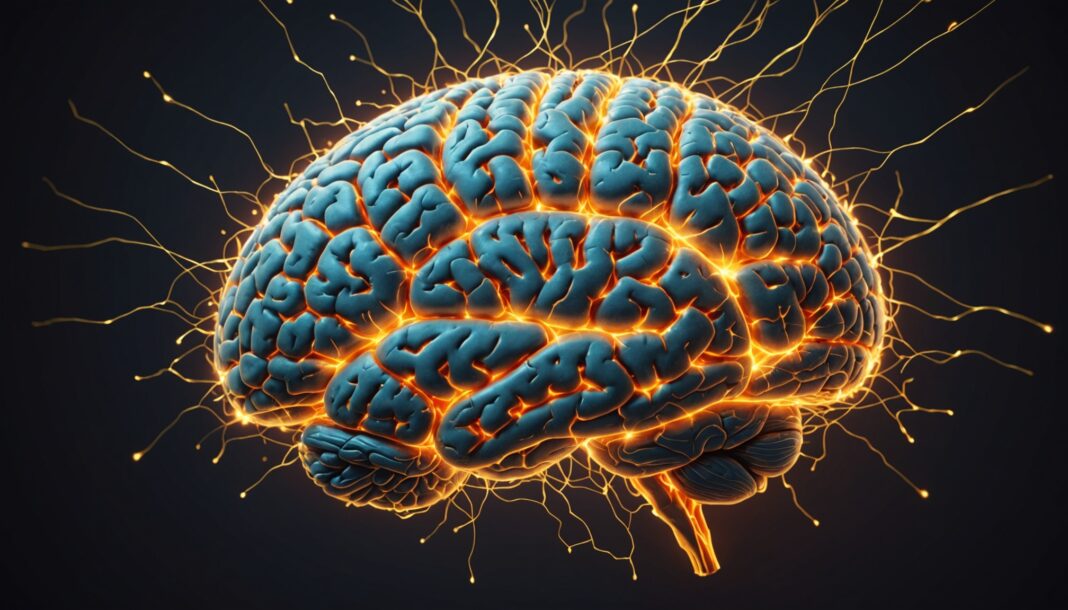 Illustration conceptuelle d'un cerveau humain lumineux fait de particules de lumière et de connexions neuronales