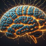 Illustration conceptuelle d'un cerveau humain lumineux fait de particules de lumière et de connexions neuronales