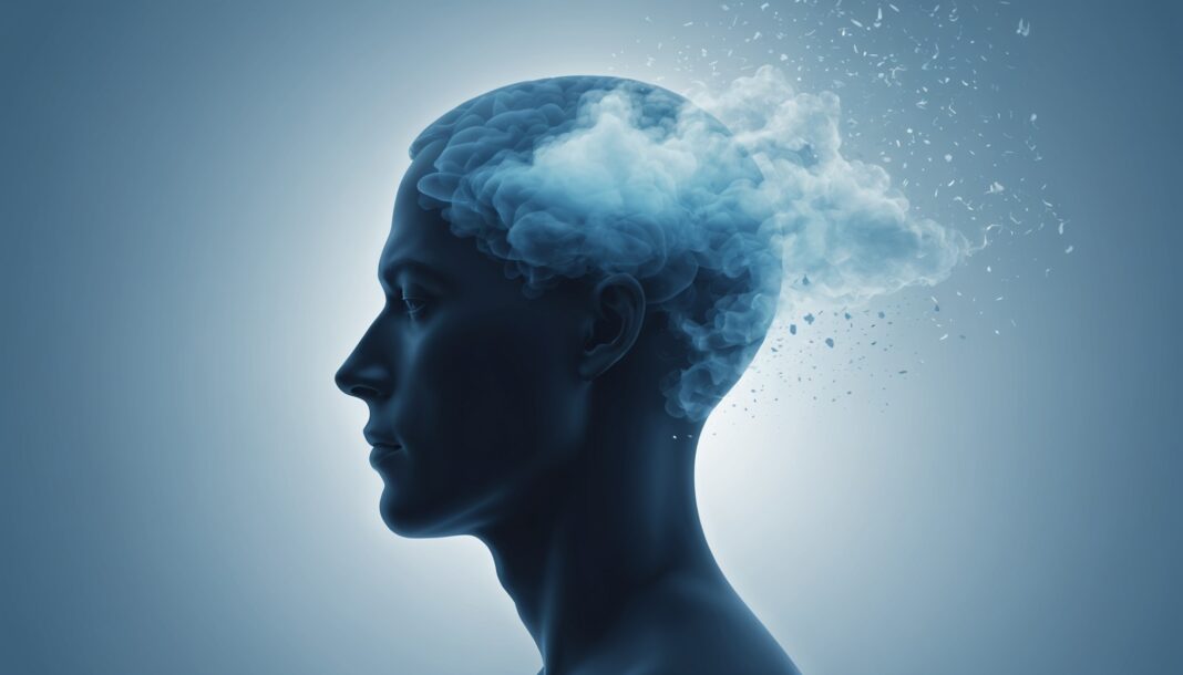 Silhouette de tête avec un brouillard qui se dissipe, illustration du brouillard mental post-dépression