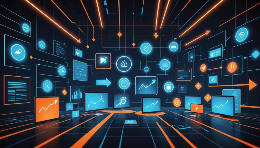 Illustration abstraite de la publicité digitale, du retail media et de la croissance des investissements marketing