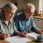 Couple de retraités français consultant des documents financiers et un relevé de pension