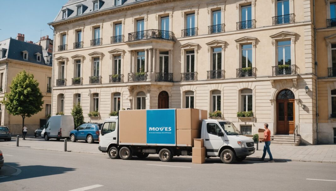 Déménageurs chargeant un camion devant un immeuble en France