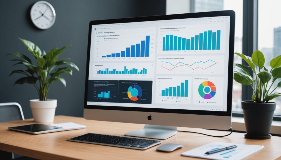 Écran affichant un tableau de bord publicitaire et une interface d'intelligence artificielle