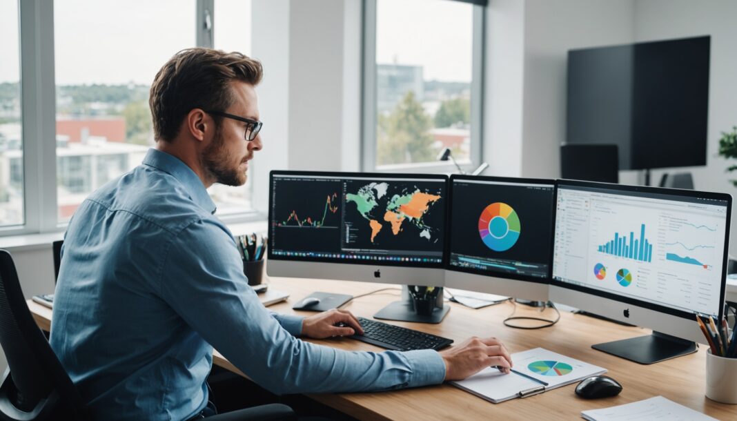 Professionnel du marketing digital analysant des données SEO sur un écran
