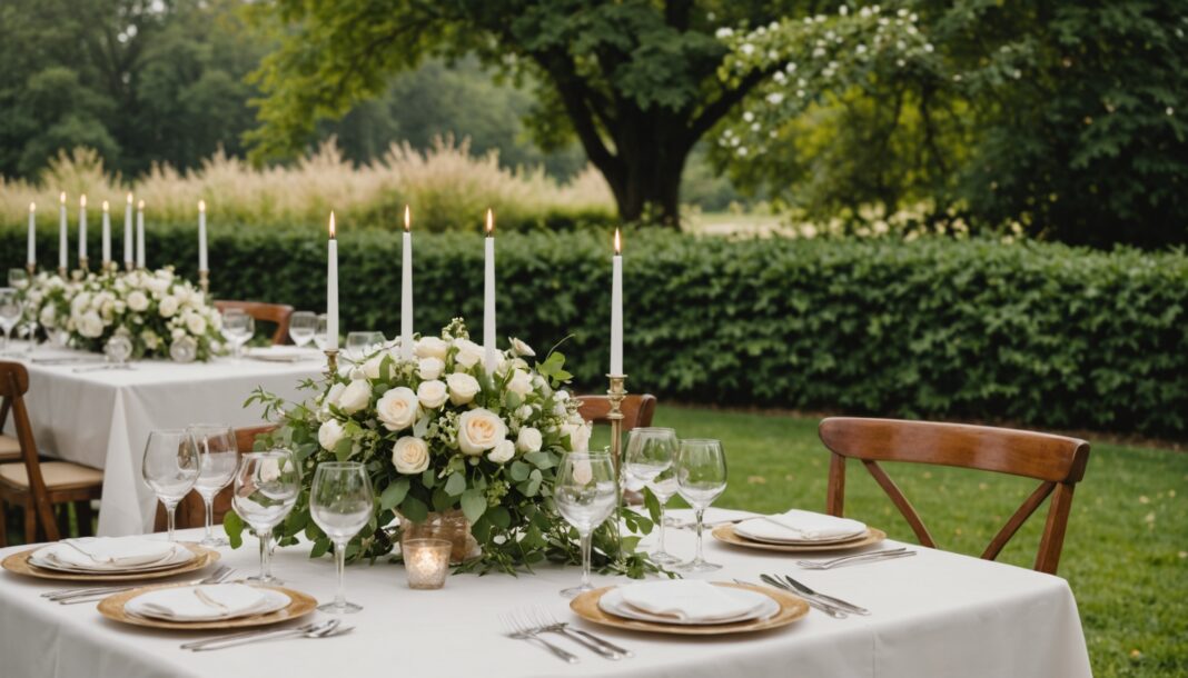 Décoration de table lors d'une réception de mariage en extérieur