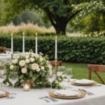 Décoration de table lors d'une réception de mariage en extérieur