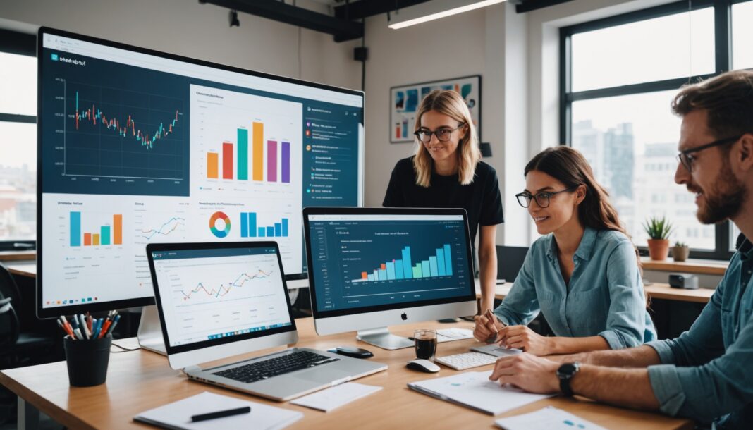 Equipe marketing analysant des statistiques de campagne d'influenceurs sur grand ecran