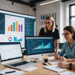 Equipe marketing analysant des statistiques de campagne d'influenceurs sur grand ecran